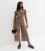 New Look Brown Leopard Print Frill Bardot Wide Leg Crop Jumpsuit